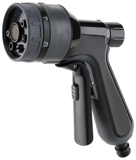 Sort og grå haveslange-sprøjtedyse med ergonomisk håndtag, justerbare sprayindstillinger og låsefunktion. Fremstillet i holdbar plast, passer til standard haveslanger, velegnet til vanding.