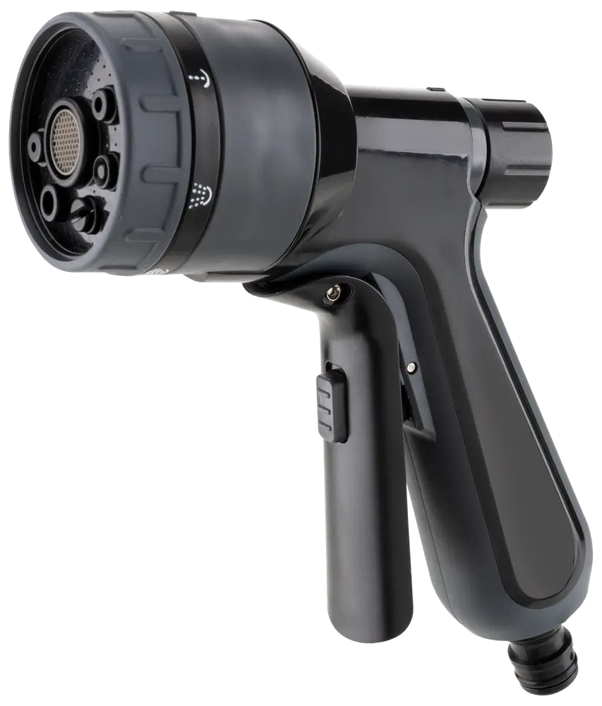 Sort og grå haveslange-sprøjtedyse med ergonomisk håndtag, justerbare sprayindstillinger og låsefunktion. Fremstillet i holdbar plast, passer til standard haveslanger, velegnet til vanding.