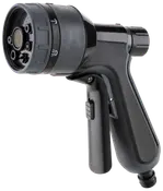 Sort og grå haveslange-sprøjtedyse med ergonomisk håndtag, justerbare sprayindstillinger og låsefunktion. Fremstillet i holdbar plast, passer til standard haveslanger, velegnet til vanding.