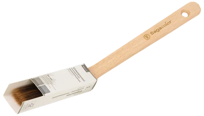 Platt målarpensel med trähandtag, märkt 'Segacolor'. Penselhuvudet är skyddat av förpackning. Passar för målning eller lackering, med upphängningshål i handtaget.