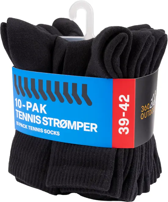 10-pak sorte tennisstrømper, størrelse 39-42, lavet af blødt stof. Strømperne er ankel-lange og samlet med blå og rød label, velegnet til sport og hverdag.