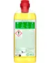 Gul rengøringsvæske i en 1-liters klar plastflaske med rød låg. Bagsideetiket viser advarsler, brugsanvisning og genbrugsinformation. Flasken er genanvendelig og lavet af genbrugsplast.