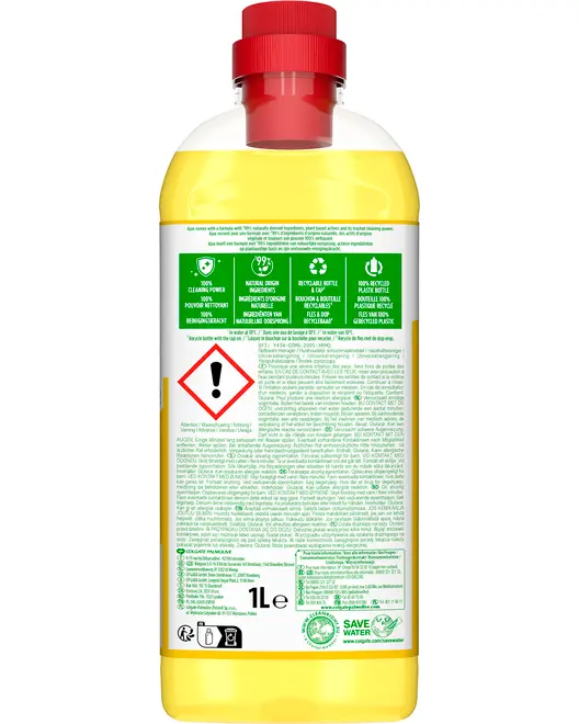 Gul rengøringsvæske i en 1-liters klar plastflaske med rød låg. Bagsideetiket viser advarsler, brugsanvisning og genbrugsinformation. Flasken er genanvendelig og lavet af genbrugsplast.