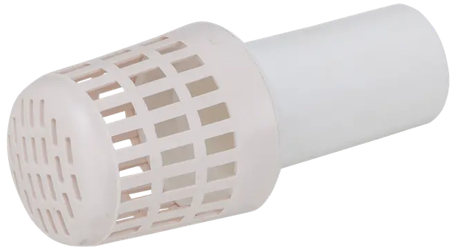 Vit plastfilter med cylindrisk kropp och gallerlock, avsedd för VVS- eller vattensystem för att förhindra skräp från att komma in i rör eller pumpar.