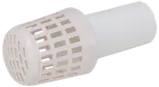 Vit plastfilter med cylindrisk kropp och gallerlock, avsedd för VVS- eller vattensystem för att förhindra skräp från att komma in i rör eller pumpar.