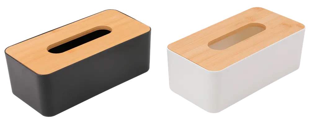 Rektangulære servietbokse med bambuslåg og ovalt åbning, fås med sort eller hvid plastbund. Moderne, minimalistisk design til hjemmet eller kontoret.