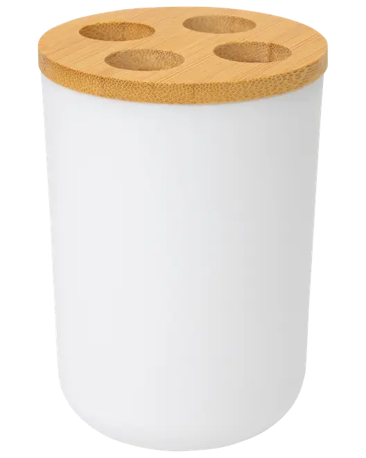 Hvid cylindrisk beholder med bambuslåg og fire runde huller, ideel til organisering af tandbørster eller kuglepenne. Moderne, minimalistisk design til badeværelse eller kontor.