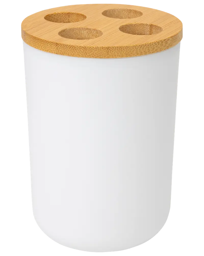 Hvid cylindrisk beholder med bambuslåg og fire runde huller, ideel til organisering af tandbørster eller kuglepenne. Moderne, minimalistisk design til badeværelse eller kontor.