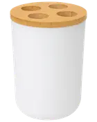 Vit cylindrisk behållare med bambulock och fyra runda hål, perfekt för att organisera tandborstar eller pennor. Modern, minimalistisk design för badrum eller kontor.