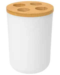 Hvid cylindrisk beholder med bambuslåg og fire runde huller, ideel til organisering af tandbørster eller kuglepenne. Moderne, minimalistisk design til badeværelse eller kontor.