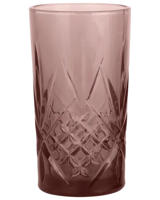 Høj, lyserød glas tumbler med indviklet diamant- og blomsterudskæring nederst. Glat kant og cylindrisk form, velegnet til servering af vand eller drikkevarer.