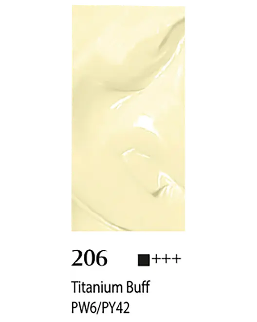 Ljus gräddgul färgprov märkt 206 Titanium Buff, PW6/PY42, med svart ruta och tredubbelt plustecken.