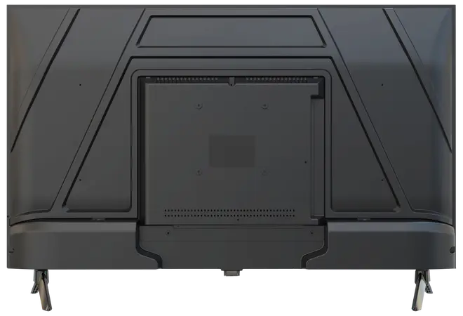Bagside af fladskærms-tv med monteringshuller, ventilationsåbninger og to aftagelige ben til bordplacering. Overfladen er mat sort med geometriske detaljer.