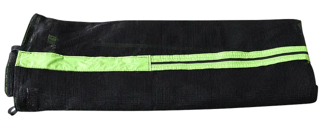 Svart säkerhetsnät för studsmatta med ljusgrön dragkedja, avsett att omsluta hoppområdet. Nätet är slitstarkt och tätt vävt för ökad säkerhet.