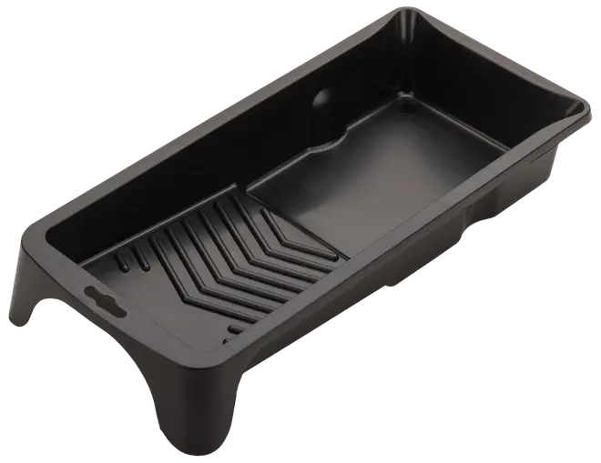 Sort plastikmalebakke med skrå riller til rulle, dyb brønd til maling, forhøjede sider og solide ben. Velegnet til brug med malerruller.