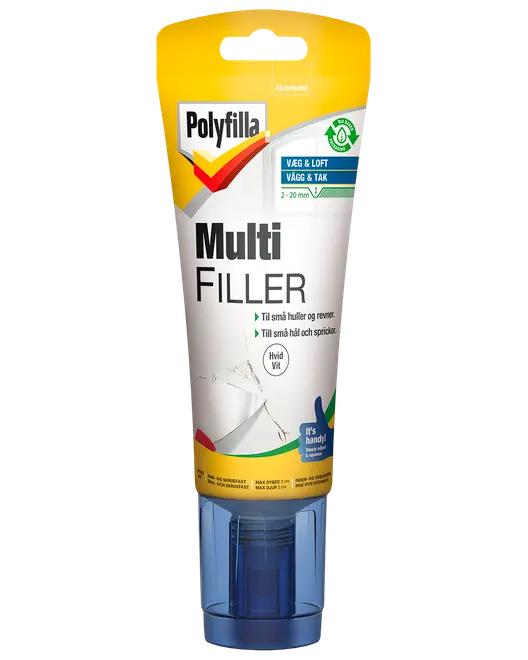 Polyfilla Multi Filler i en klembar tube med applikator, velegnet til udfyldning af små huller og revner i vægge og lofter, hvid farve, nem at bruge.