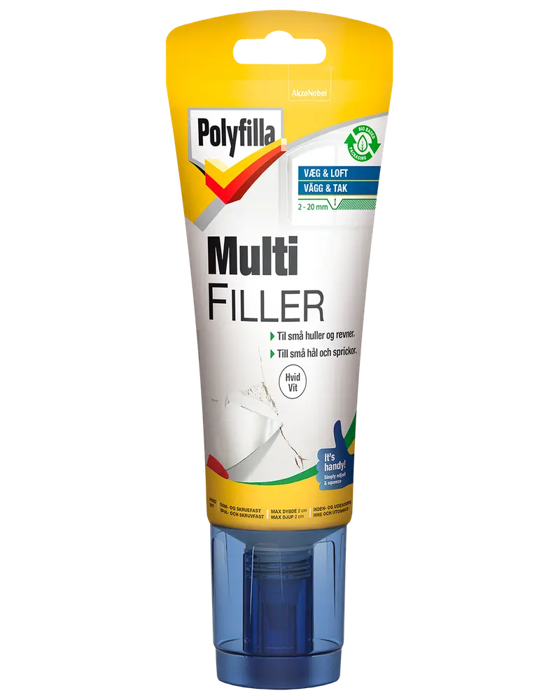 Polyfilla Multi Filler i en klembar tube med applikator, velegnet til udfyldning af små huller og revner i vægge og lofter, hvid farve, nem at bruge.