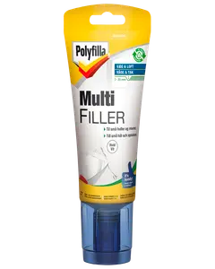 Polyfilla Multi Filler i en klembar tube med applikator, velegnet til udfyldning af små huller og revner i vægge og lofter, hvid farve, nem at bruge.