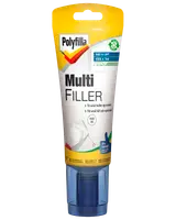 Polyfilla Multi Filler i en klembar tube med applikator, velegnet til udfyldning af små huller og revner i vægge og lofter, hvid farve, nem at bruge.
