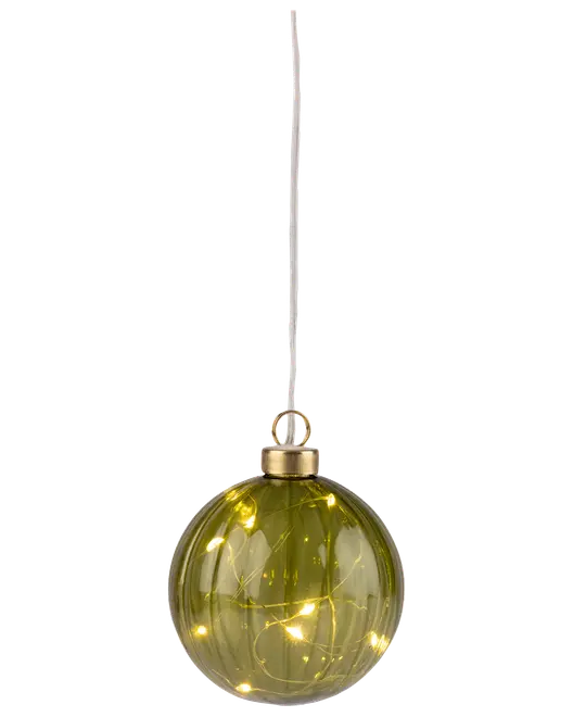 Grøn glasjulekugle med guldfarvet top, fyldt med varme hvide LED-lys. Rund form, gennemsigtig ophængsbånd. Dekorativ og festlig til juletræ eller hjemmet.