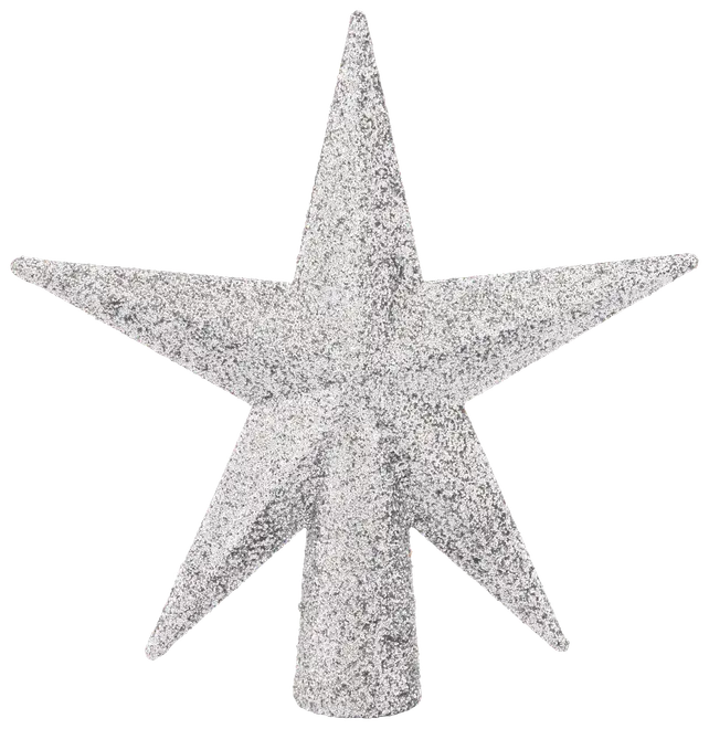 Sølvglitrende stjernetop med otte takker og cylindrisk base, designet til at sætte på toppen af et juletræ som festlig pynt.