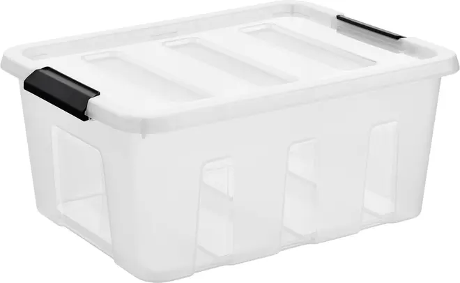 Klar plast opbevaringsboks med låg og sorte håndtag. Rektangulær form, stabelbar og gennemsigtige sider for nemt overblik. Perfekt til organisering af hjem eller kontor.