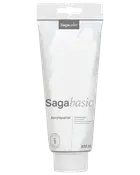 Saga basic akrylspartel i 400 ml tube. Hvid emballage med grå tekst, egnet til træoverflader, let at påføre, giver mat, holdbar finish, klar til maling.
