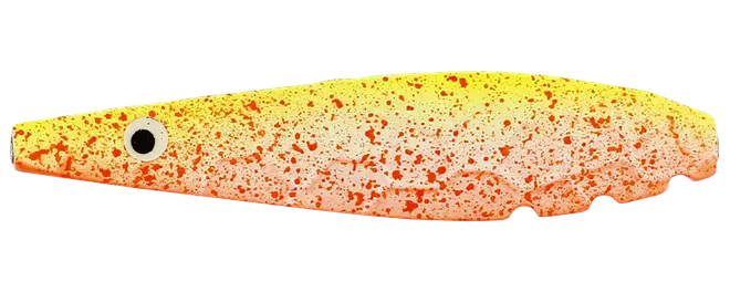 Fiskelignende fiskelokke i gul og orange med pletter, enkelt øje og tilspidset krop.