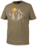 Khaki kortærmet t-shirt med bjerg- og fyrretræsgrafik samt gul sol. "360 Outdoor" tekst og logo foran. Rund hals, afslappet pasform.