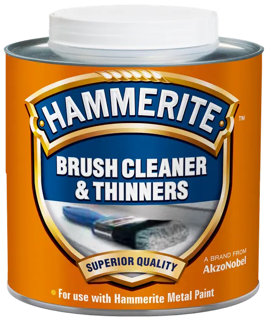 Hammerite penselrens og fortynder i metaldåse med skruelåg, orange etiket, egnet til rengøring af pensler og fortynding af Hammerite metalmaling. Høj kvalitet, AkzoNobel mærke.
