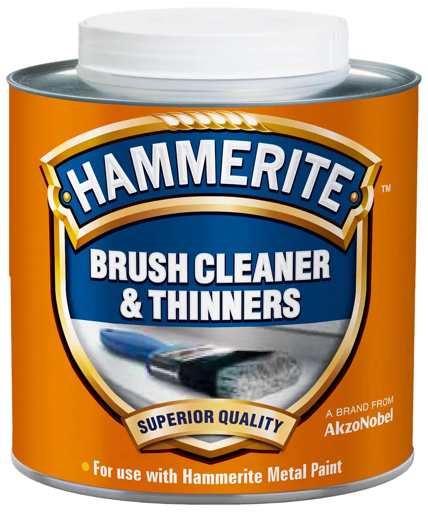 Hammerite penselrens og fortynder i metaldåse med skruelåg, orange etiket, egnet til rengøring af pensler og fortynding af Hammerite metalmaling. Høj kvalitet, AkzoNobel mærke.