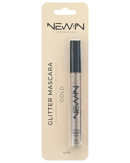 New:IN Copenhagen Gold glittermascara i 4 ml tube på beige blisterpakning.