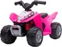 Lyserød børne-ATV med fire store sorte hjul, realistisk frontkofanger, styr og Honda-logo. Robust plastkonstruktion, velegnet til små børn, designet til udendørs leg.