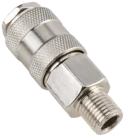 Metal hurtigkobling til luftslange med riflede greb, sekskantmøtrik og gevindet hanende. Holdbar, korrosionsbestandig, egnet til trykluftværktøj og kompressorer. Sølvfinish, kompakt design.