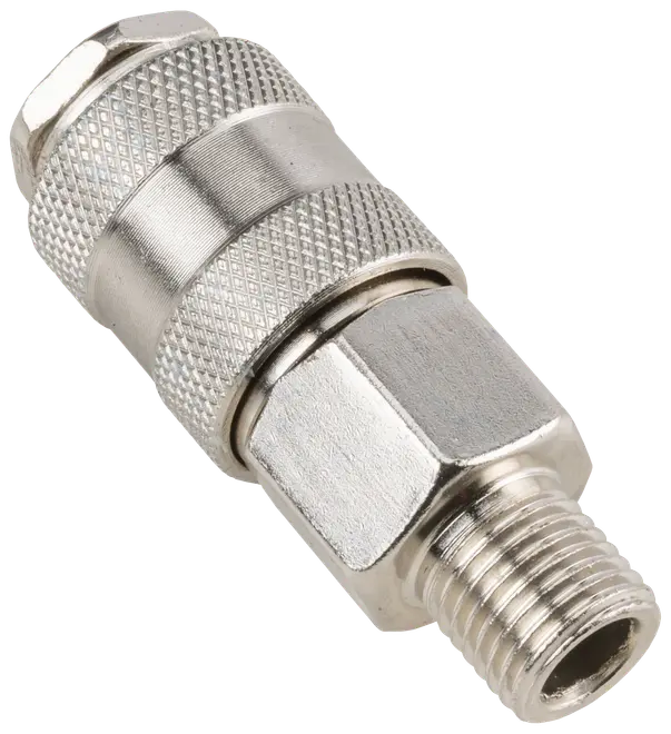 Metal hurtigkobling til luftslange med riflede greb, sekskantmøtrik og gevindet hanende. Holdbar, korrosionsbestandig, egnet til trykluftværktøj og kompressorer. Sølvfinish, kompakt design.