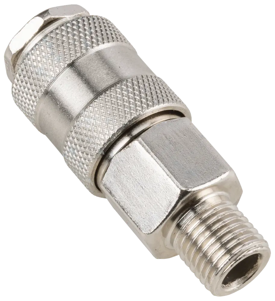Metal hurtigkobling til luftslange med riflede greb, sekskantmøtrik og gevindet hanende. Holdbar, korrosionsbestandig, egnet til trykluftværktøj og kompressorer. Sølvfinish, kompakt design.