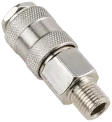 Metall snabbkoppling för tryckluftsslang med räfflat grepp, sexkantmutter och gängad hane. Hållbar, korrosionsbeständig, passar tryckluftsverktyg och kompressorer.