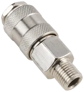 Metal hurtigkobling til luftslange med riflede greb, sekskantmøtrik og gevindet hanende. Holdbar, korrosionsbestandig, egnet til trykluftværktøj og kompressorer. Sølvfinish, kompakt design.