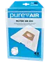 Förpackning med fyra PureAir dammsugarpåsar och ett filter, kompatibel med Nilfisk GM 200-serien och liknande modeller. Påsarna är vita med pappkrage.