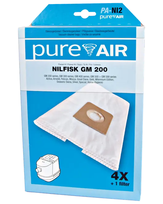 Förpackning med fyra PureAir dammsugarpåsar och ett filter, kompatibel med Nilfisk GM 200-serien och liknande modeller. Påsarna är vita med pappkrage.