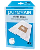 Pakke med fire PureAir støvsugerposer og ét filter, kompatibel med Nilfisk GM 200-serien og relaterede modeller. Poserne er hvide med papkrave for sikker montering.