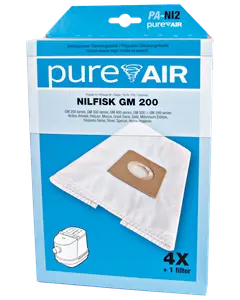 Förpackning med fyra PureAir dammsugarpåsar och ett filter, kompatibel med Nilfisk GM 200-serien och liknande modeller. Påsarna är vita med pappkrage.