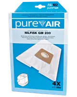 Förpackning med PureAir dammsugarpåsar för AEG, Electrolux, Volta modeller. Innehåller 4 påsar och 1 filter. Kompatibla modeller anges på förpackningen. Blå plastkoppling på påsen.