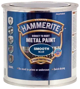 Hammerite glat blå metalmaling, 250 ml dåse. Kan påføres direkte på rust, ingen grunding nødvendig, tørrer hurtigt, giver 8 års beskyttelse til udendørs metal.