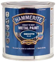 Hammerite glat blå metalmaling, 250 ml dåse. Kan påføres direkte på rust, ingen grunding nødvendig, tørrer hurtigt, giver 8 års beskyttelse til udendørs metal.