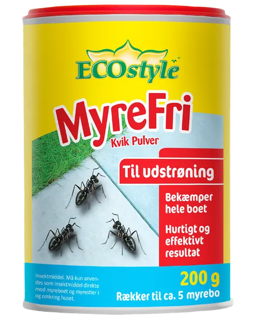 Gul og rød 200g beholder med ECOstyle MyreFri myrepulver, til udendørs brug, bekæmper hele boet, hurtigt og effektivt resultat, rækker til ca. 5 myrebo.