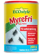 Gul og rød 200g beholder med ECOstyle MyreFri myrepulver, til udendørs brug, bekæmper hele boet, hurtigt og effektivt resultat, rækker til ca. 5 myrebo.