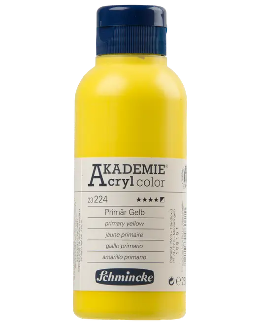 Flaska med Schmincke Akademie Acryl color akrylfärg i primärgul, 250 ml, blått skruvlock och flerspråkig etikett med färg- och produktinformation.