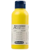 Flaska med Schmincke Akademie Acryl color akrylfärg i primärgul, 250 ml, blått skruvlock och flerspråkig etikett med färg- och produktinformation.