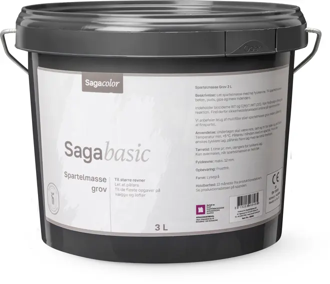 SagaColor Sagabasic spartelmasse grov, 3 liters sort plastspand med metalhank. Til større revner i vægge og lofter. Let at påføre, egnet til forskellige overflader.